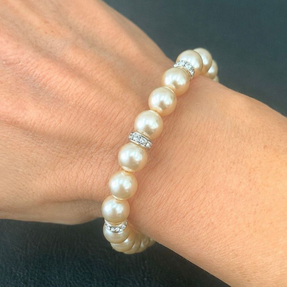 Nina Faux Pearl & Silver Tone Bracelet with Crystal Beads